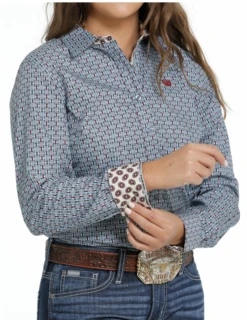 Cinch Cinch Women's Blue Patterned Long Sleeve Shirt