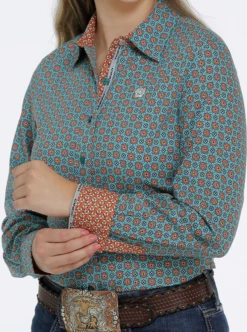 Cinch Cinch Women's Teal Patterned Long Sleeve Shirt