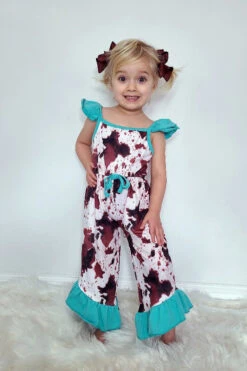 Clover Cottage Clover Cottage Cowhide Turquoise Girls Romper