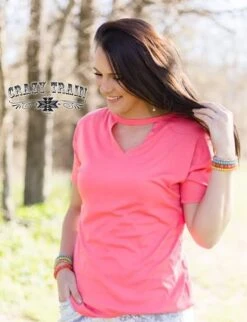 Crazy Train Coral Textline V Neck Keyhole Tee