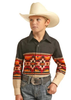 Panhandle Panhandle Boy's Black Aztec Long Sleeve Shirt