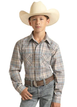 Panhandle Panhandle Boys Blue And Tan Plaid Snap Front Shirt