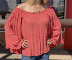 Panhandle Panhandle Ladies Coral Off The Shoulder Blouse