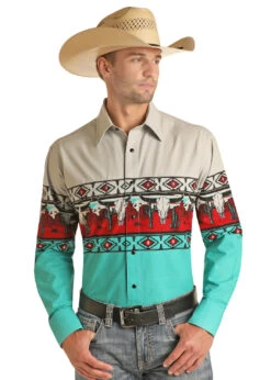 Panhandle Panhandle Men's Silver Steer Skull Long Sleeve Shirt