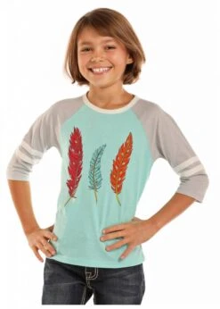 Rock And Roll Cowgirl Girl's Mint Feather Baseball Tee