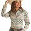 Rock And Roll Cowgirl Rock & Roll Aqua Aztec Long Sleeve Shirt -Ariat Store rock and roll cowgirl rock roll aqua aztec long sl