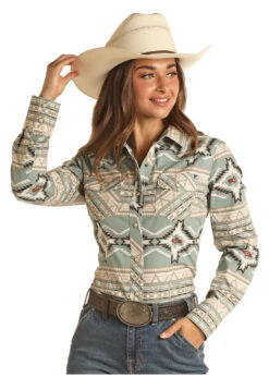 Rock And Roll Cowgirl Rock & Roll Aqua Aztec Long Sleeve Shirt