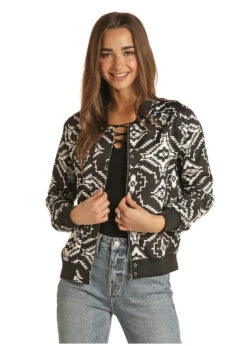 Rock And Roll Cowgirl Rock & Roll Ladies Black Satin Bomber Jacket