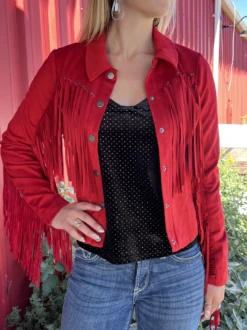 Rock & Roll Denim Rock & Roll Women's Red Suede Fringe Jacket