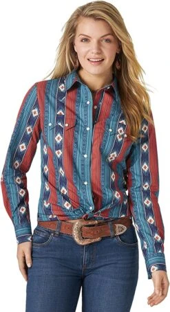 Wrangler Wrangler Ladies Retro Aztec Striped Snap Front Shirt C4 Size 2XL